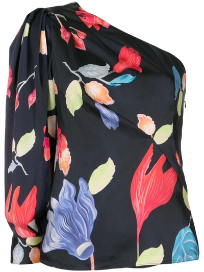 Peter Pilotto One-sleeve Floral-print Satin-twill Top In Blue