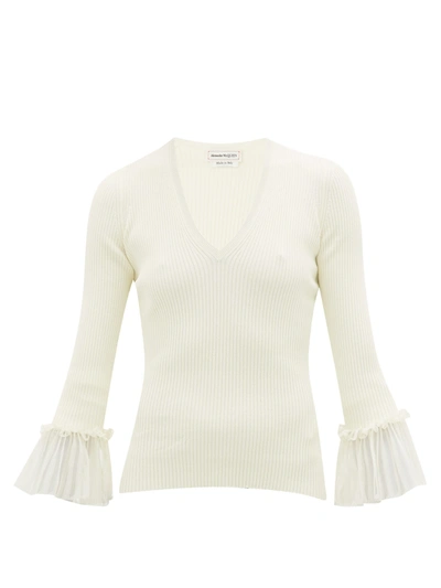 Alexander Mcqueen Ruffled Silk-trimmed Ribbed-knit Jumper In White