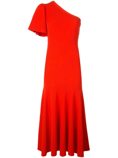 Carolina Herrera One-sleeve Fluted Ribbed-knit Midi Dress In Red