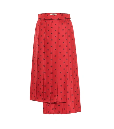 Fendi Asymmetric Pleated Printed Silk-twill Midi Skirt In Red