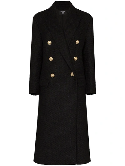 Balmain Double-breasted Metallic Wool-blend Tweed Coat In Black