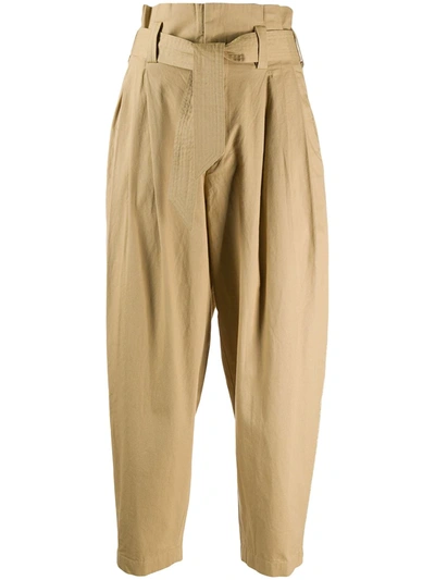 Mes Demoiselles Kala Belted Cropped Metallic-trimmed Cotton-canvas Tapered Pants In Beige
