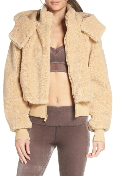 Alo Yoga Foxy Hooded Faux Shearling Jacket In Camel