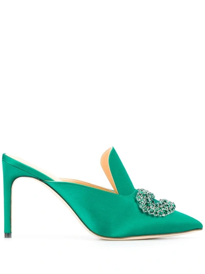 Giannico Daphne 90 Green Crystal-embellished Satin Mules