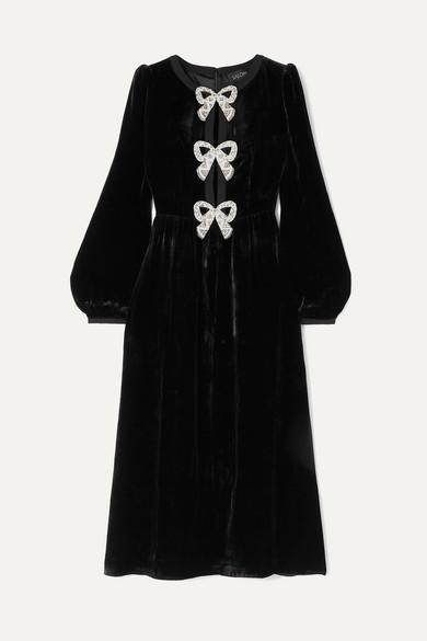 Saloni Camille Embellished Bow Long Sleeve Velvet Midi Dress In Black ...