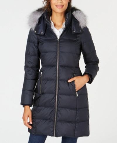 Andrew Marc Renata Genuine Fox Fur Trim Down & Feather Fill Puffer Jacket In Dark Navy