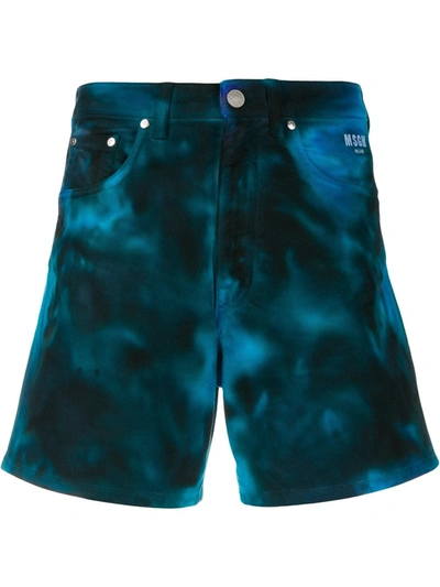 Msgm Embroidered Tie-dyed Denim Shorts In Blue