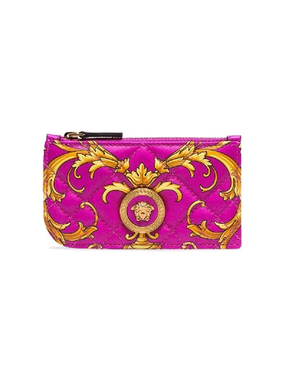 Versace Icon Baroque Quilted Leather Card Holder In Pink