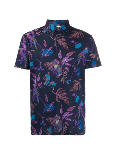 Etro Floral Print Cotton Jersey Polo In Blue