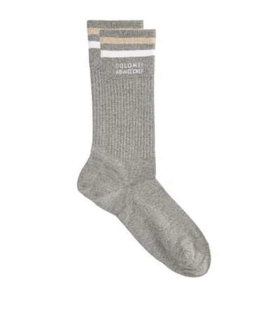 Brunello Cucinelli Logo-intarsia Striped Ribbed Mélange Cotton Socks In Gray