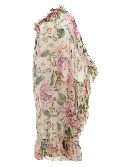 Dolce & Gabbana One-sleeve Ruffled Floral-print Silk-chiffon Maxi Dress In Pink