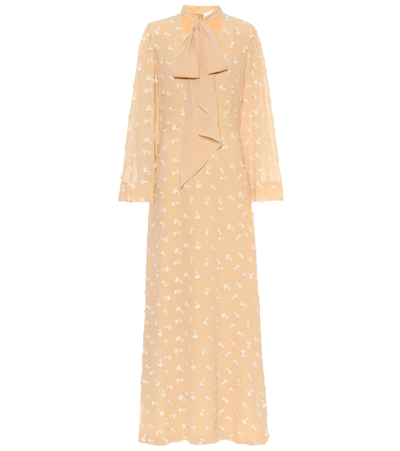 Chloé Tie-neck Appliquéd Silk Crepe De Chine Maxi Dress In Light Sand