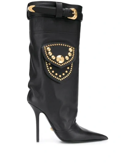 Versace High Heels Boots In Black Leather