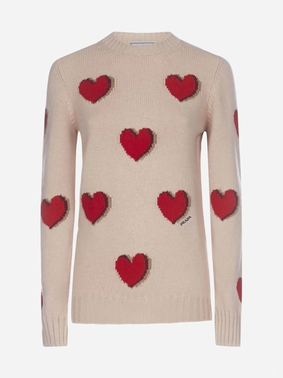 Prada Heart-motif Wool And Cashmere Sweater In Beige