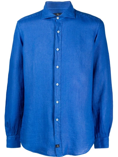 Fay Mandarin Collar Linen Shirt In Blue