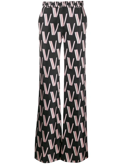 Valentino Silk Logo Flared Trousers In Black