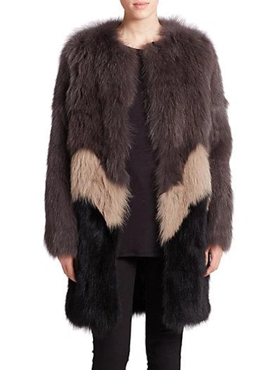 Yves Salomon Colorblock Fox & Rabbit Fur Coat In Brown-black