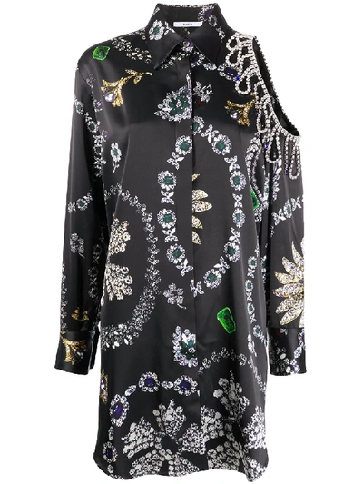 Area Jewelry Print Long Sleeve Shoulder Cutout Shirtdress In Black