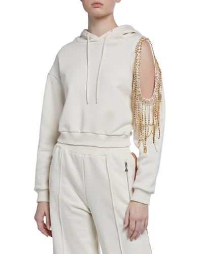 Area Crystalized Open-shoulder Hoodie In Ivory