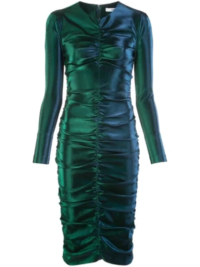 Area Iridescent Shirred Long-sleeve Dress In Green