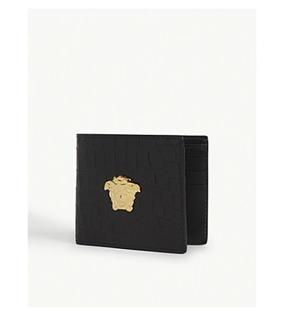 Versace Croc-embossed Leather Wallet In Black