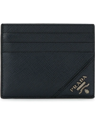 Prada Corner Logo Leather Card Holder In Black Gold