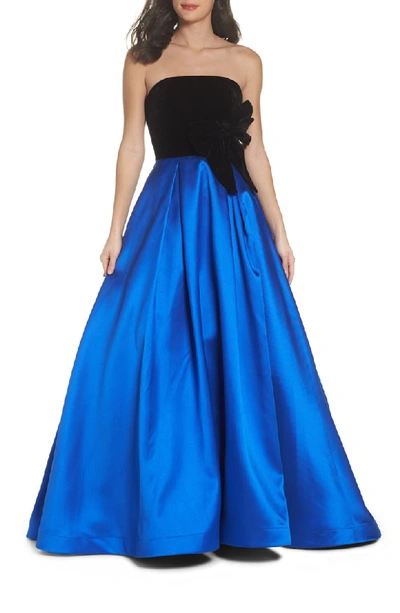 Mac Duggal Velvet Bodice Ballgown In Black/royal