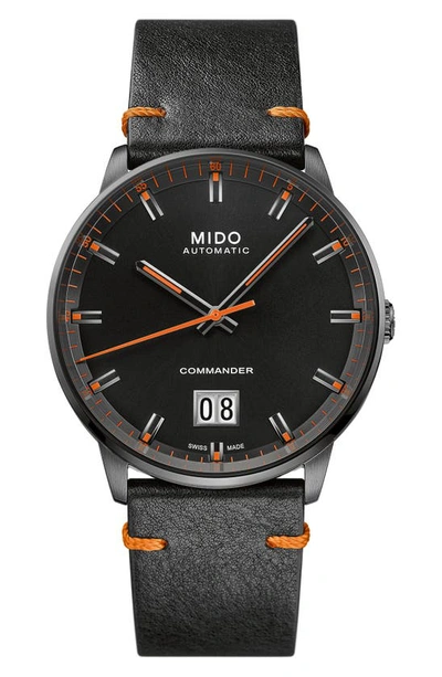 Mido Commander Big Date Automatic Leather Strap Watch, 42mm In Black