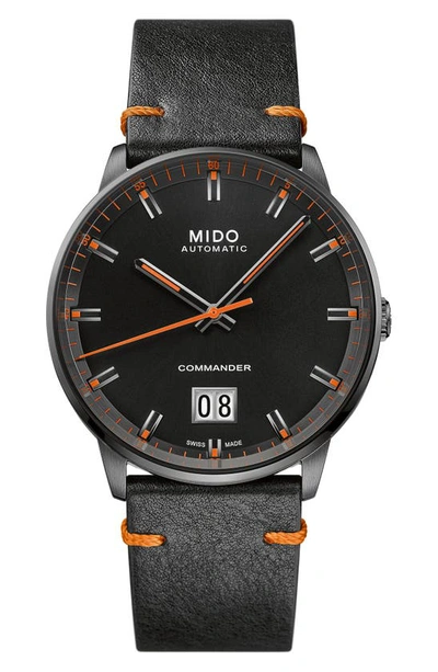 Mido Men's Swiss Automatic Commander Big Date Black Leather Strap Watch 42mm