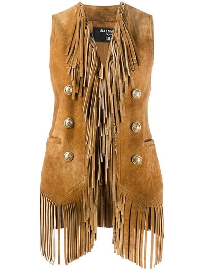 Balmain Double-breasted Fringed Gilet In Brown