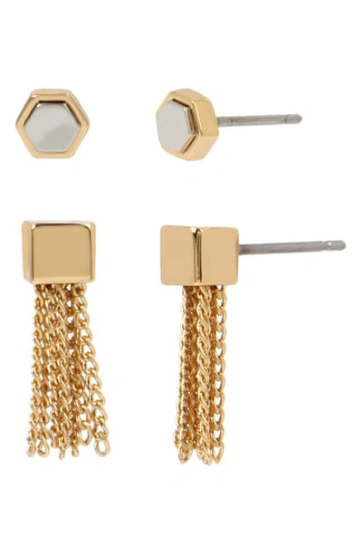 Allsaints Hexagon & Chain Mini Tassel Stud Earrings, Set Of 2 In Gold/ Rhodium