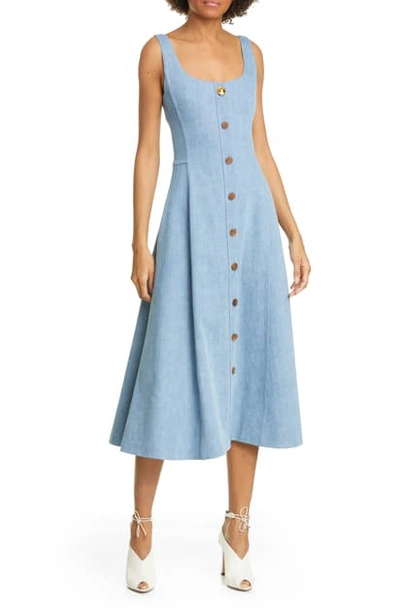 Adam Lippes Scoopneck Chambray Button-front Midi Dress In Light Indigo