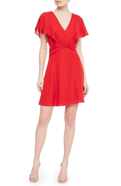 Parker Kate Flutter-sleeve Knotted A-line Dress In Monaco Red