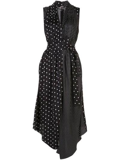 Adam Lippes Polka Dot Sleeveless Silk Asymmetric Shirtdress In Black White