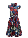 La Doublej Edition 20 Short & Sassy Floral Cap-sleeve A-line Shirtdress In Red/blue