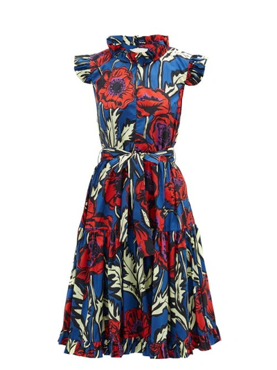 La Doublej Edition 20 Short & Sassy Floral Cap-sleeve A-line Shirtdress In Red/blue