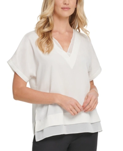 Dkny V-neck Chiffon-trim Top In Ivory