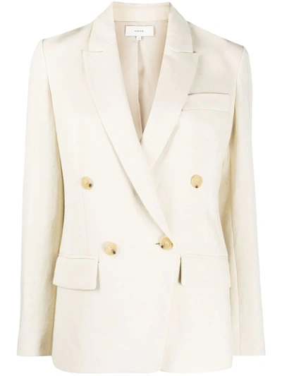 Vince Double Breasted Cotton & Linen Blend Blazer In Neutral