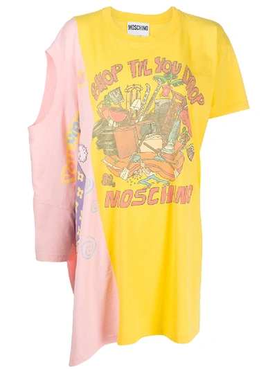 Moschino Logo Print Double T-shirt Dress In Yellow ,pink