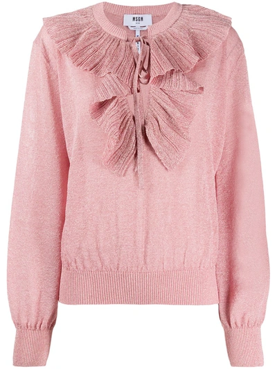 Msgm Ruffle-neck Metallic Jumper In Pink