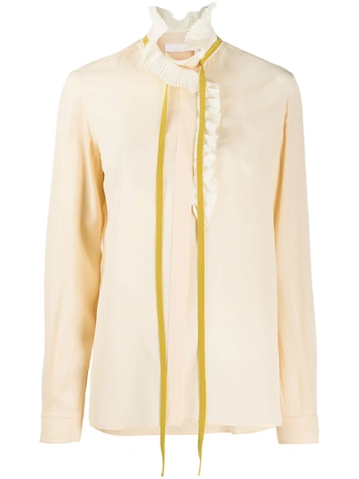 Chloé Frilled Neck Tie Blouse In Neutrals