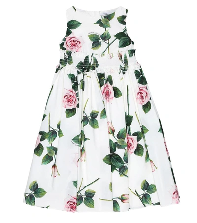 Dolce & Gabbana Kids' Girl's Tropical Rose Shirred Waist Dress, Size 4-6 In White