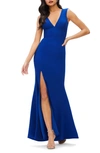 Dress The Population Sandra Plunge Crepe Trumpet Gown In Pacific