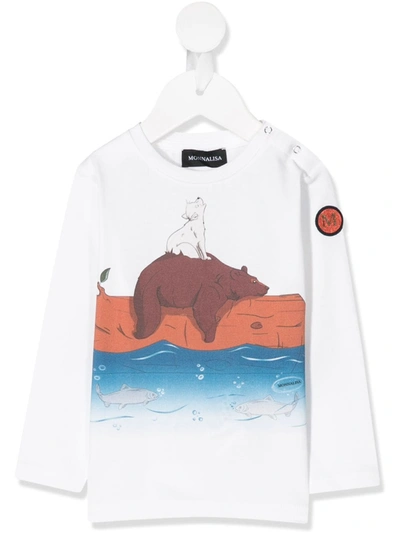 Monnalisa Babies' Long Sleeve Bear Print T-shirt In White