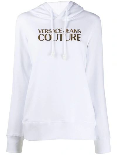 Versace Jeans Couture Metallic Logo Print Drawstring Hoodie In White