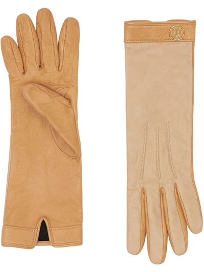 Burberry Silk-lined Two-tone Lambskin Gloves In Stone