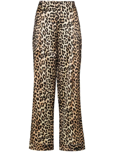 Ganni Leopard-print Silk-blend Satin Wide-leg Pants In Brown