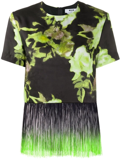 Msgm Floral Print Fringe Trim T-shirt In Green