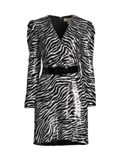 Michael Michael Kors Bengal Sequin Long-sleeve Mini Dress In Black/bone |  ModeSens