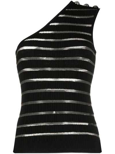 Balmain Striped One-shoulder Top In Black